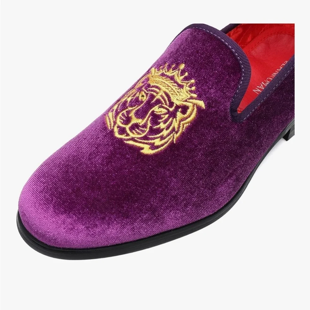 NEW Men's Purple Velvet Embroidered Slip-On Loafers size 15  wedding  prom shoes
